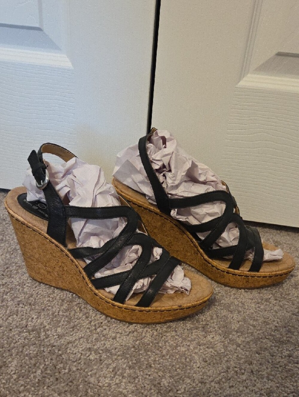 b.o.c. Black Leather Strappy Cork Wedge Sandals Sz 10